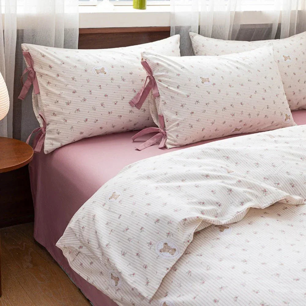 Celia Cottage Ribbon Bow Tie Floral Bedding Set / Purple Ever Lasting