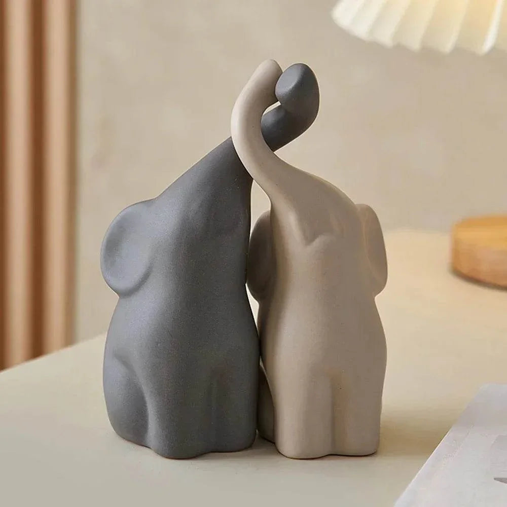 White ceramic elephant couple statue, abstract design, hand-painted - House of Avana