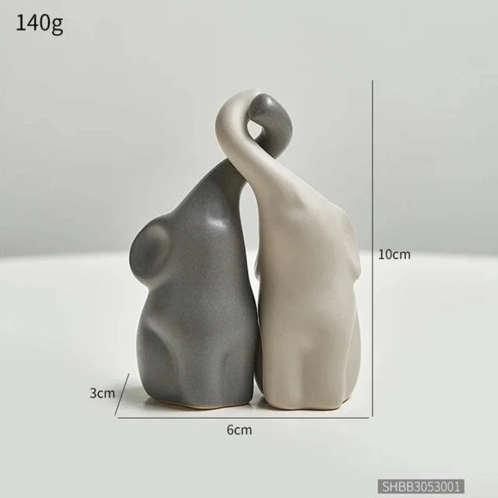 White ceramic elephant couple statue, abstract design, hand-painted - House of Avana
