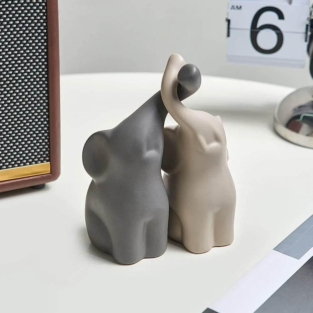 White ceramic elephant couple statue, abstract design, hand-painted - House of Avana