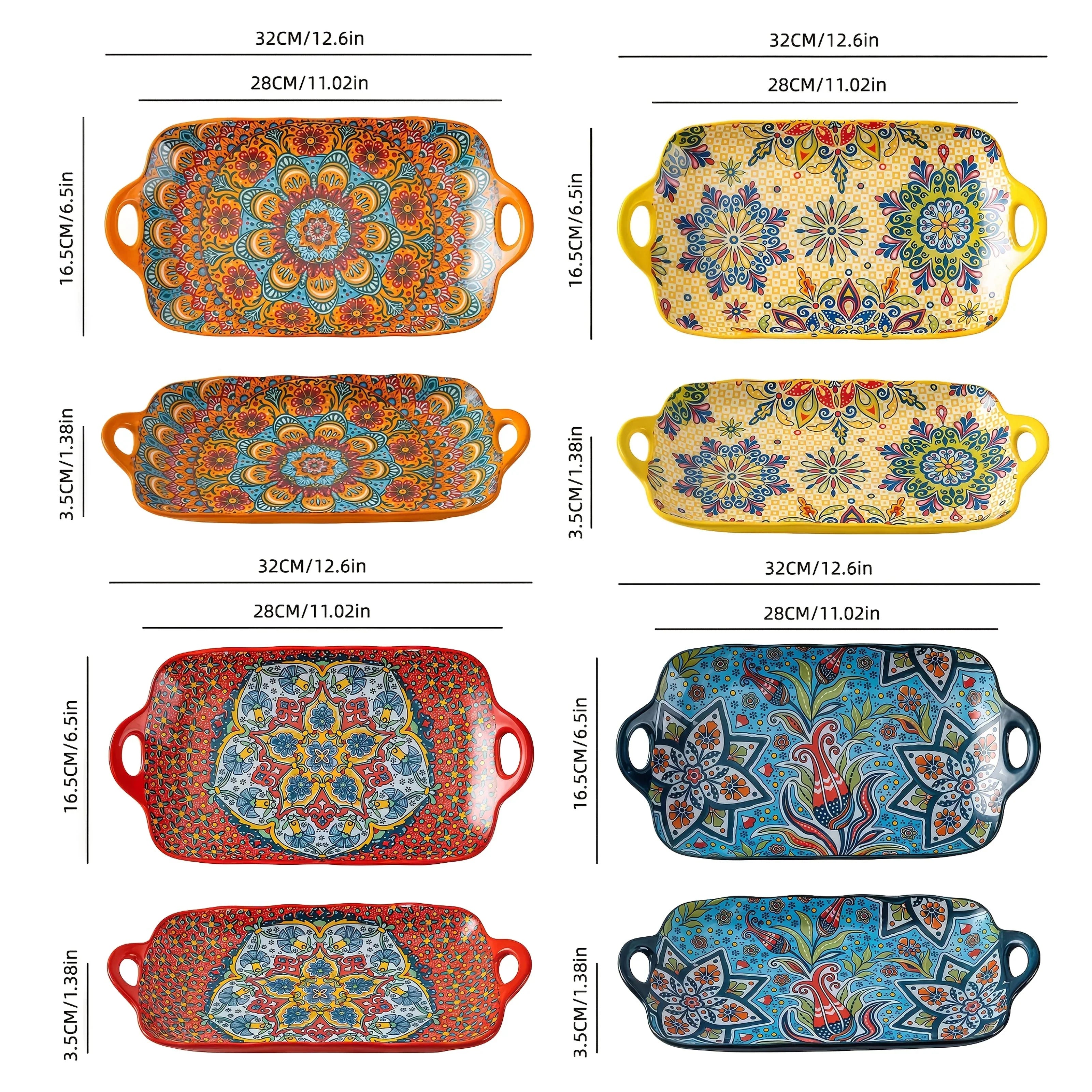 TAUFIKT Bohemian Ceramic Fish Plates, Large Rectangular Elegant Steamed Fish Plates, Durable Easy-to-Clean Space-Saving Design, for Home Kitchen and Restaurant, Set of 4, Can Be Used for Christmas Valentine's Day Thanksgiving House Of Avana