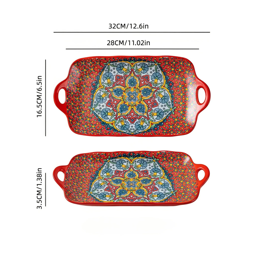 TAUFIKT Bohemian Ceramic Fish Plates, Large Rectangular Elegant Steamed Fish Plates, Durable Easy-to-Clean Space-Saving Design, for Home Kitchen and Restaurant, Set of 4, Can Be Used for Christmas Valentine's Day Thanksgiving House Of Avana