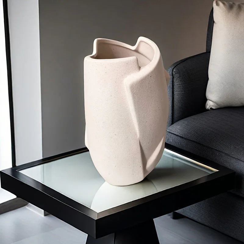 White ceramic geometric vase, modern abstract art, hydroponic cylinder - House of Avana