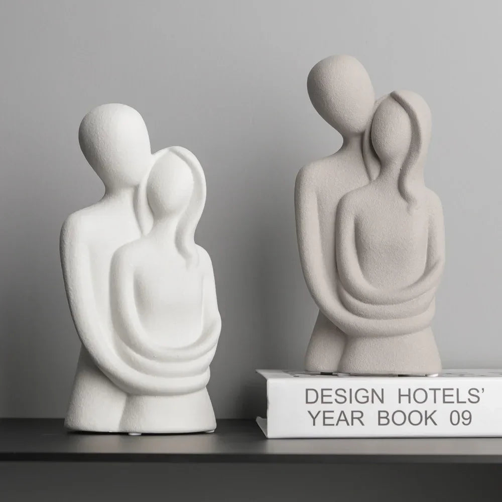 White ceramic couple sculpture, embracing figures, modern décor - House of Avana