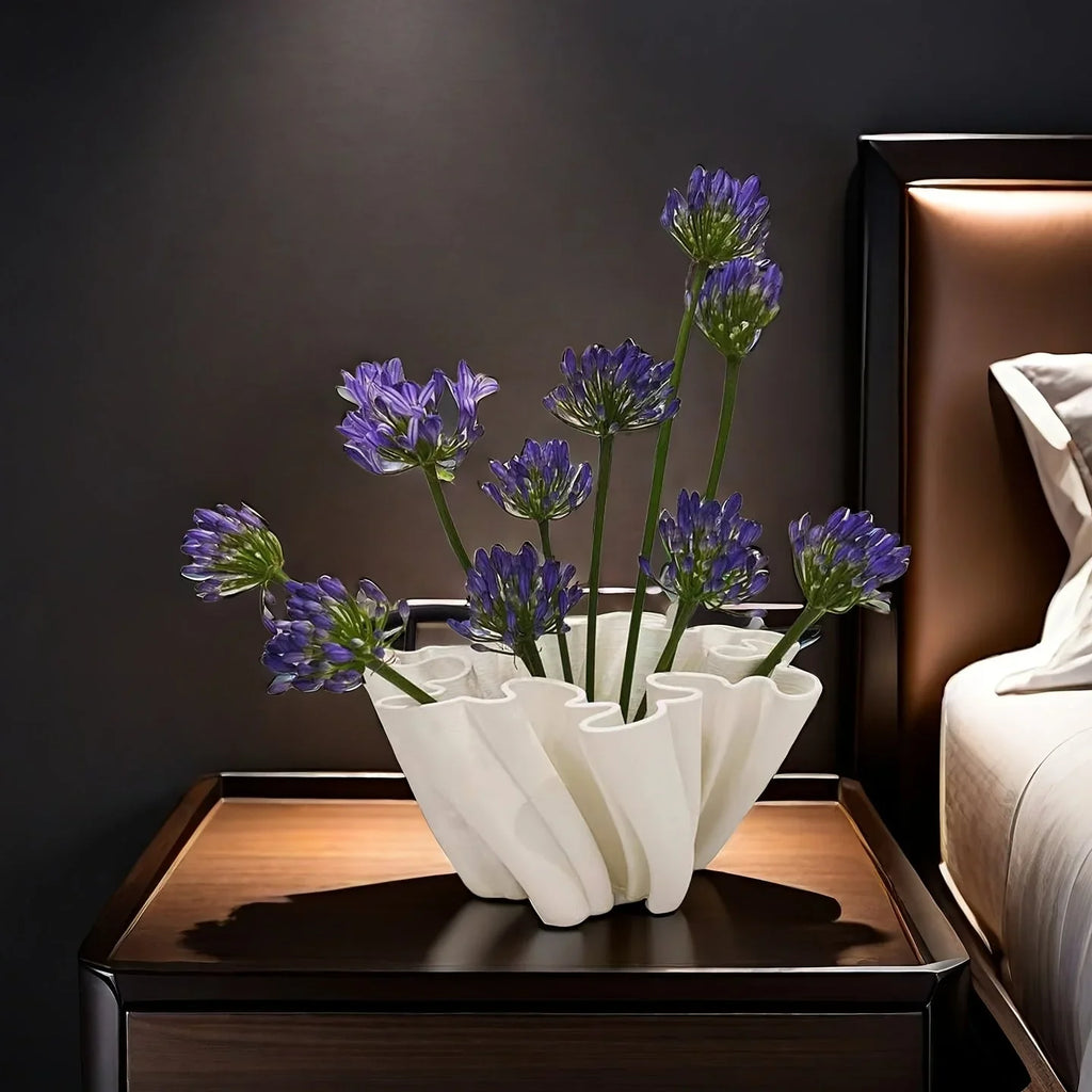 White ceramic vase with 3D printed geometric design, sturdy base - House of Avana