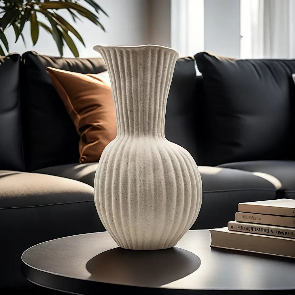 White ceramic ripple vase, handcrafted with wavy design, elegant tabletop decor - House of Avana