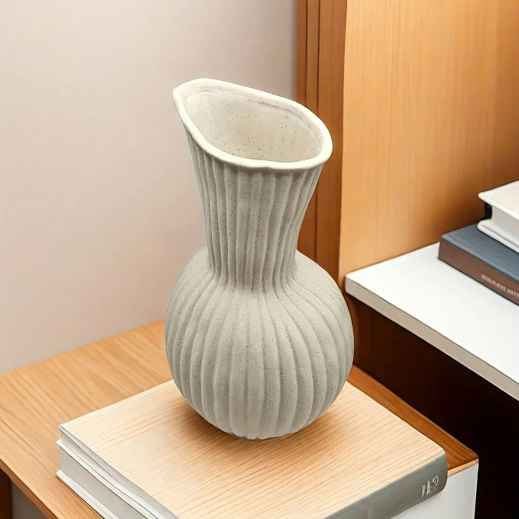 White ceramic ripple vase, handcrafted with wavy design, elegant tabletop decor - House of Avana