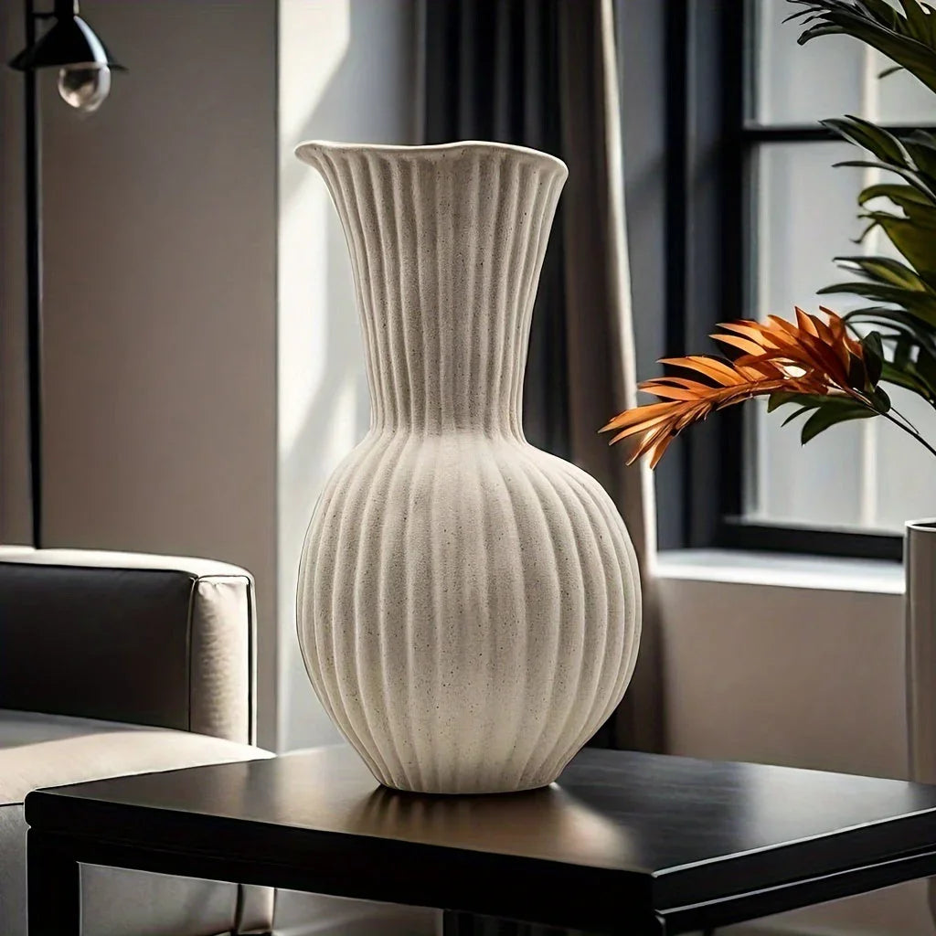White ceramic ripple vase, handcrafted with wavy design, elegant tabletop decor - House of Avana
