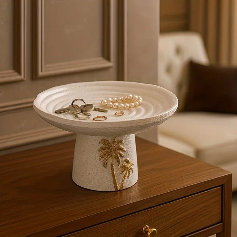 1pc Elegant & Golden Marble-like Resin Decorative Tray with Palm Tree Design - Classic Rectangular Serving Dish for Home, Office (Non-Food Contact), Ramadan Eid Al-fitr Gift - Luxury Table Centerpiece, Office Decoration, Styl House Of Avana [[SKU:HOA-SRV-008]]