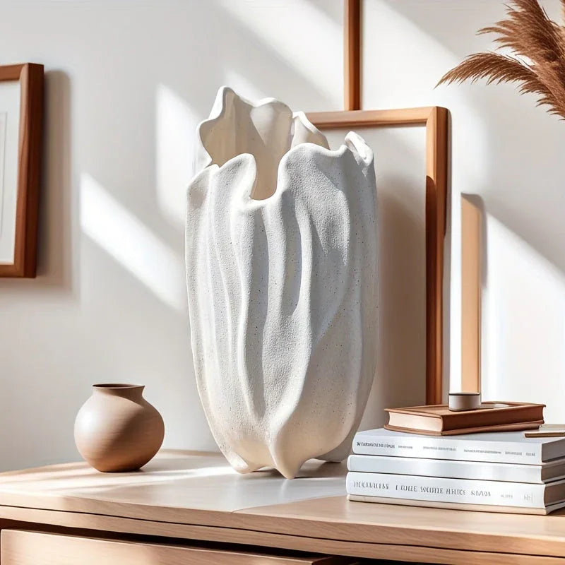 White ceramic vase, textured surface, elegant floral design - House of Avana