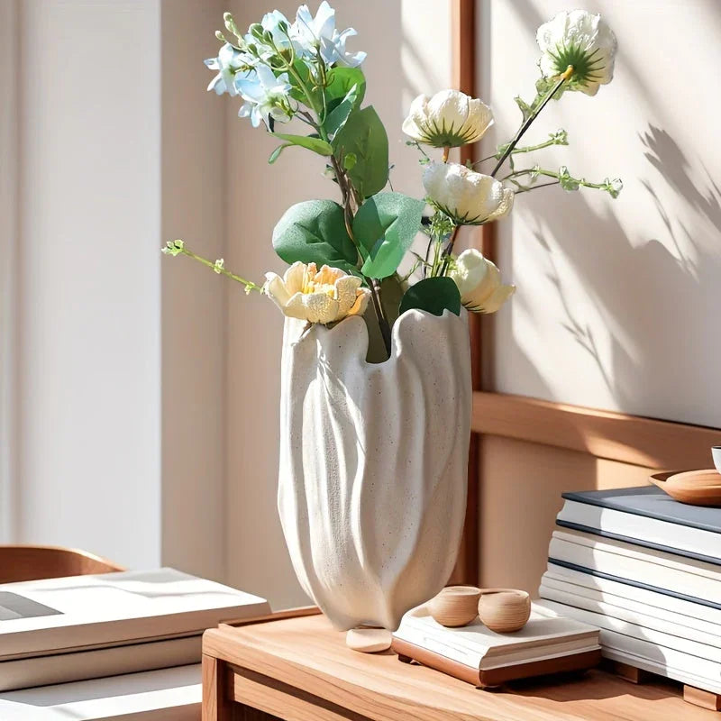 White ceramic vase, textured surface, elegant floral design - House of Avana