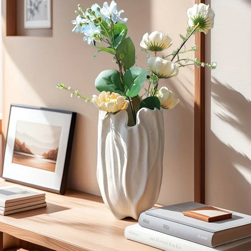 White ceramic vase, textured surface, elegant floral design - House of Avana