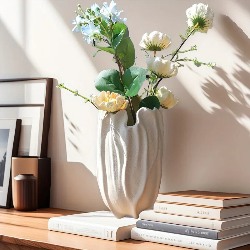 White ceramic vase, textured surface, elegant floral design - House of Avana