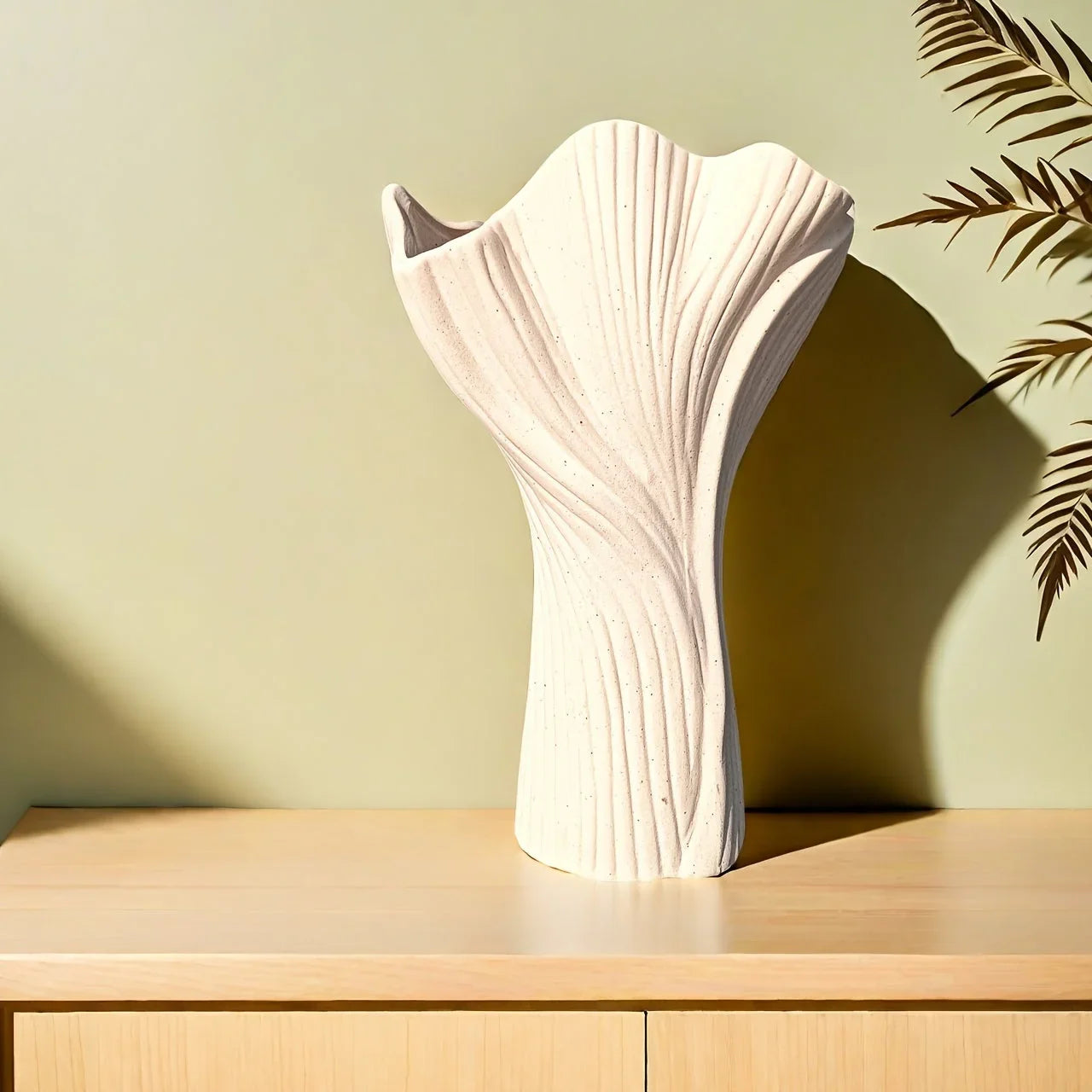 White ceramic vase, textured ridges, handmade - House of Avana
