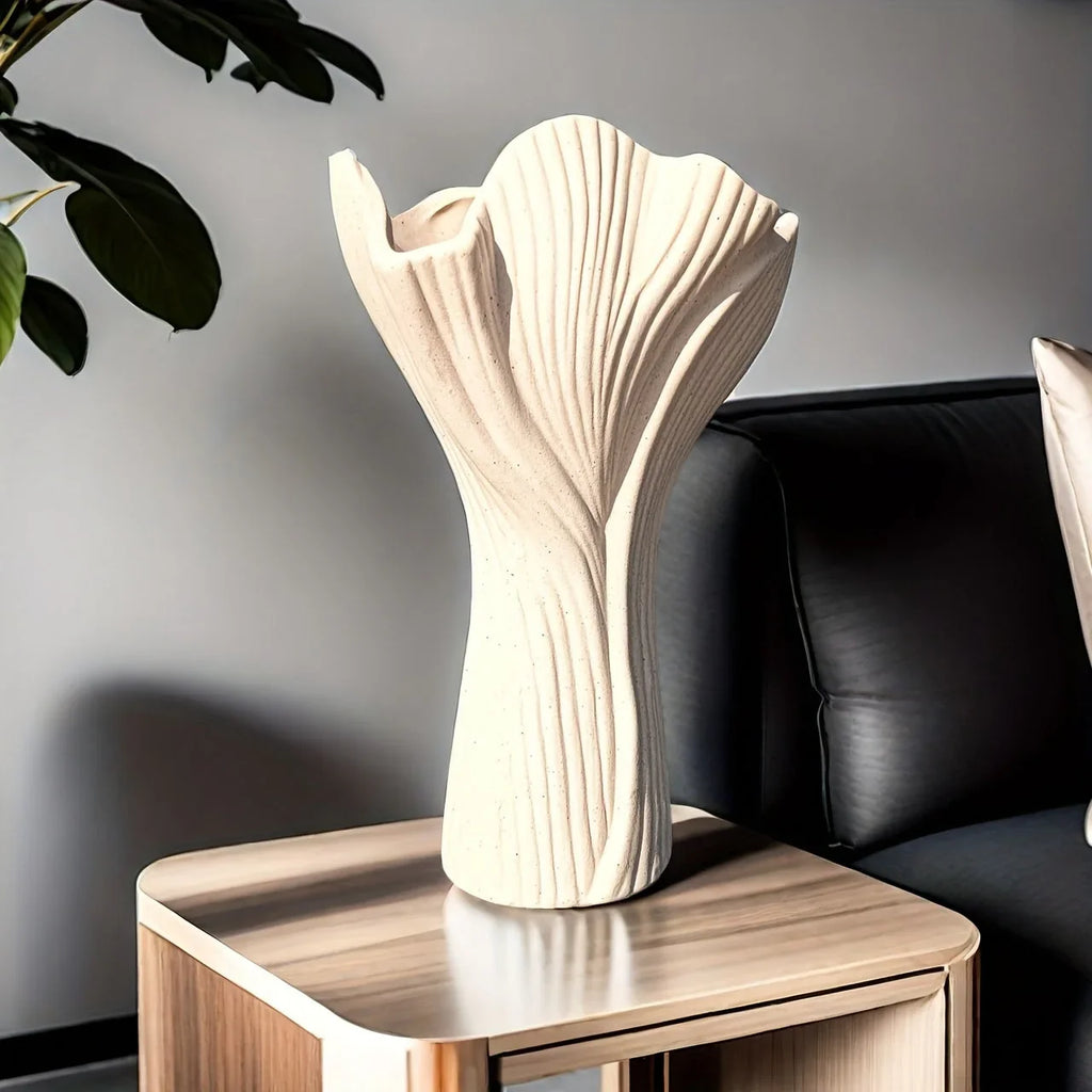 White ceramic vase, textured ridges, handmade - House of Avana