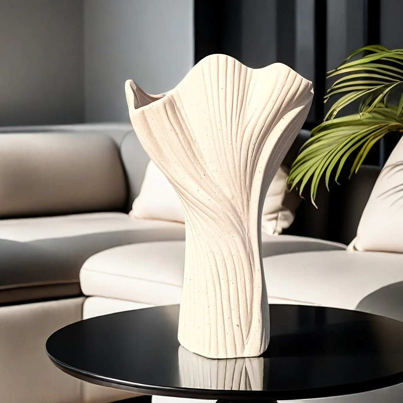 White ceramic vase, textured ridges, handmade - House of Avana