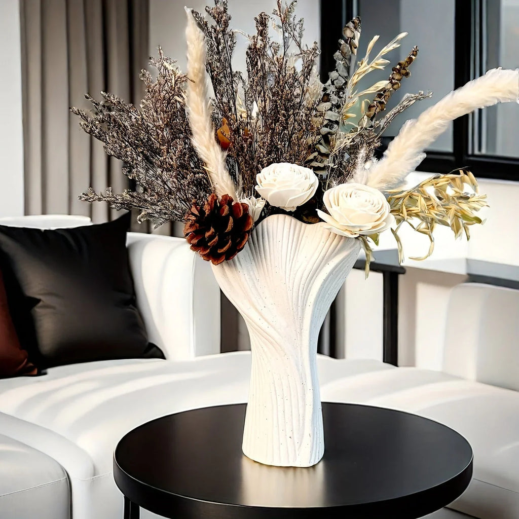 White ceramic vase, textured ridges, handmade - House of Avana