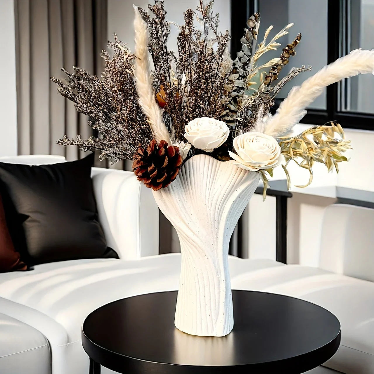 White ceramic vase, textured ridges, handmade - House of Avana