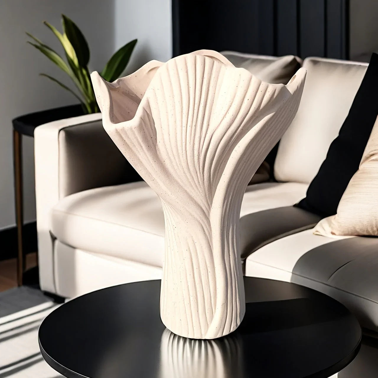 White ceramic vase, textured ridges, handmade - House of Avana