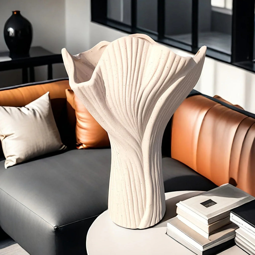 White ceramic vase, textured ridges, handmade - House of Avana