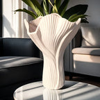 White ceramic vase, textured ridges, handmade - House of Avana