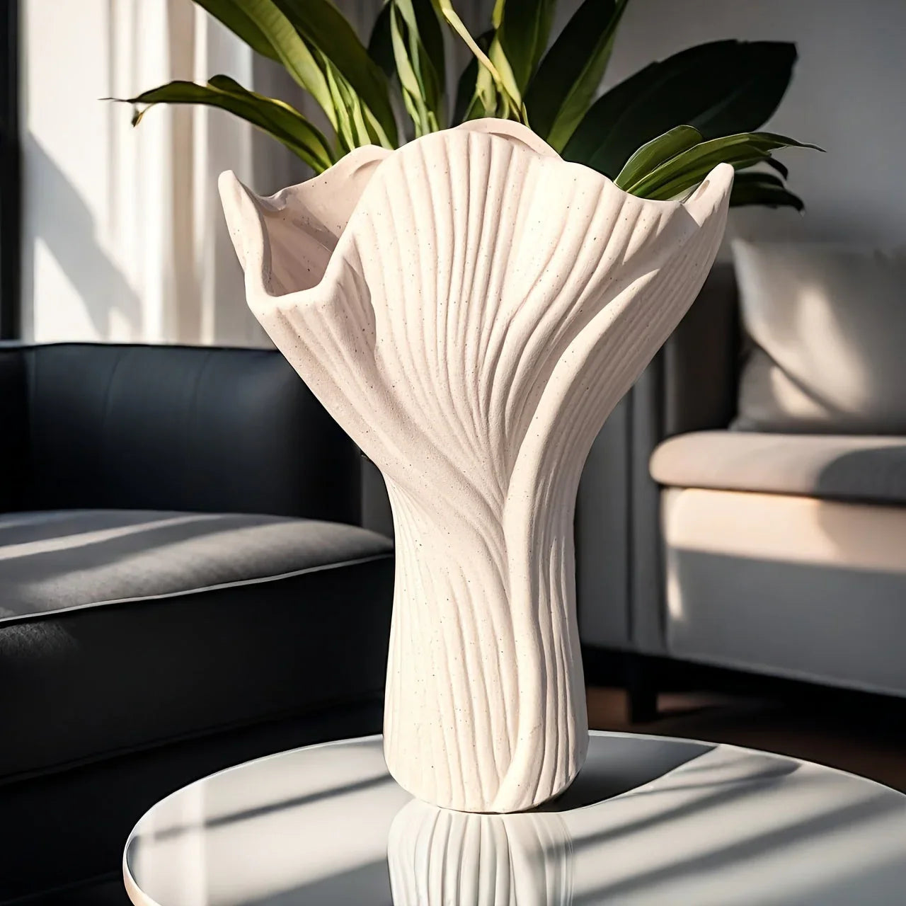White ceramic vase, textured ridges, handmade - House of Avana