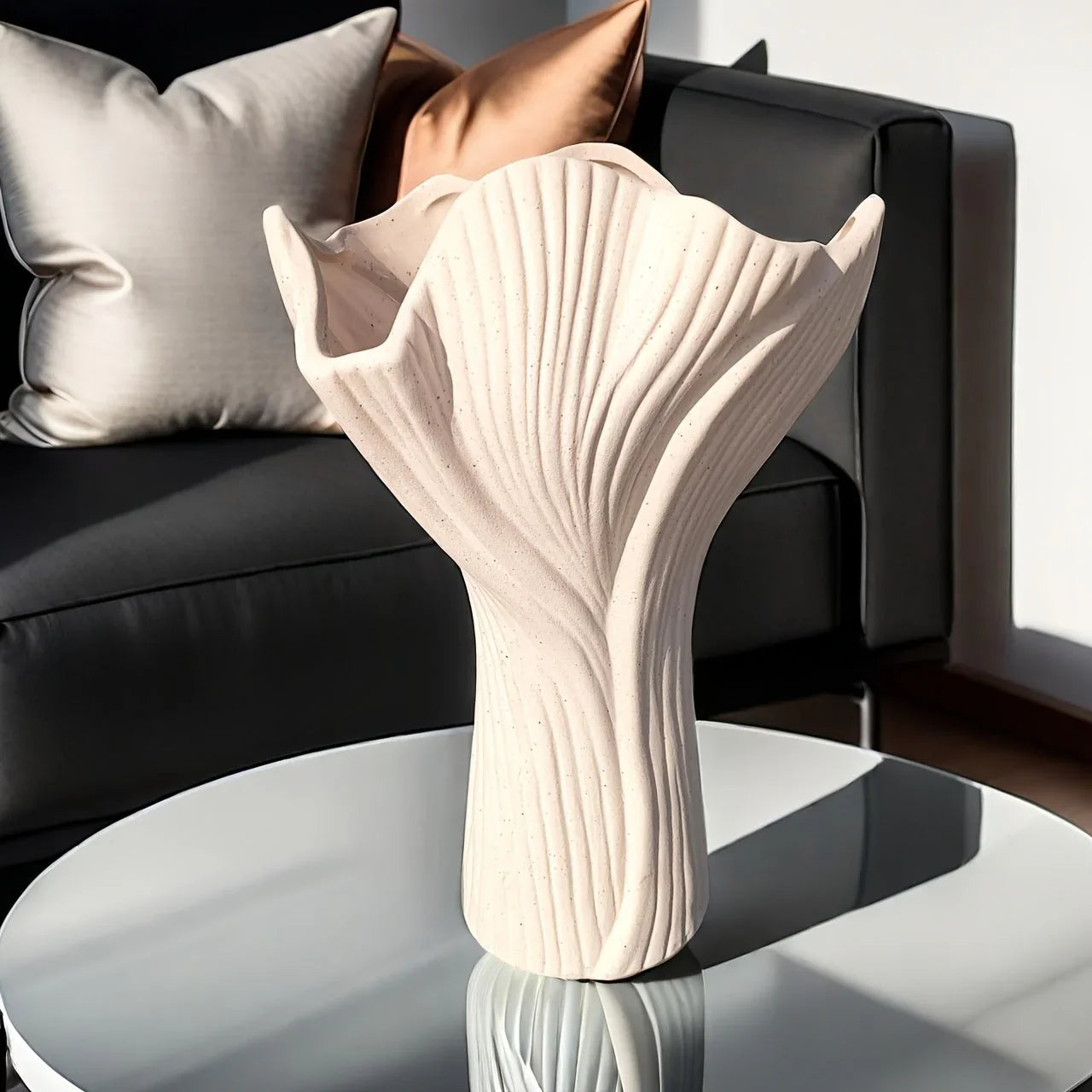 White ceramic vase, textured ridges, handmade - House of Avana