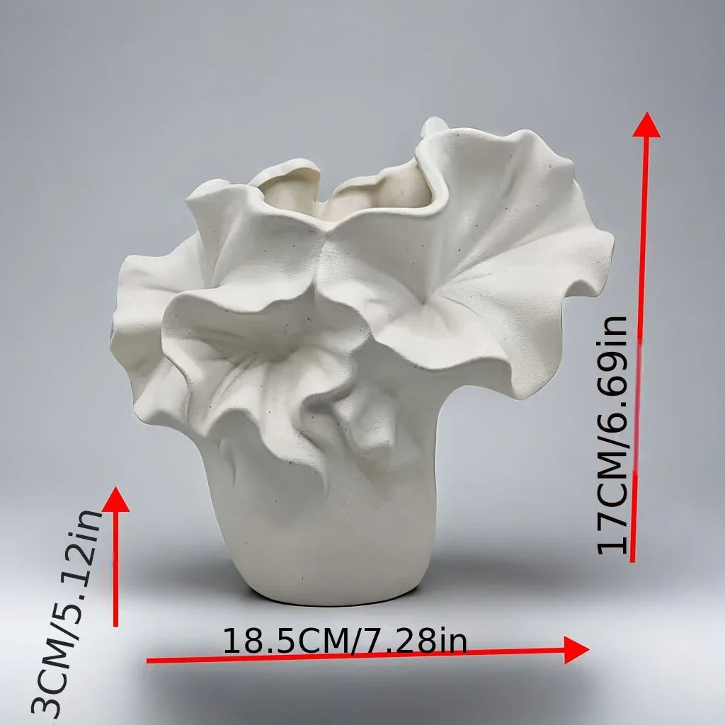 Oval ceramic vase, handmade with intricate petal design, white - House of Avana