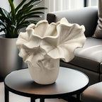 Oval ceramic vase, handmade with intricate petal design, white - House of Avana