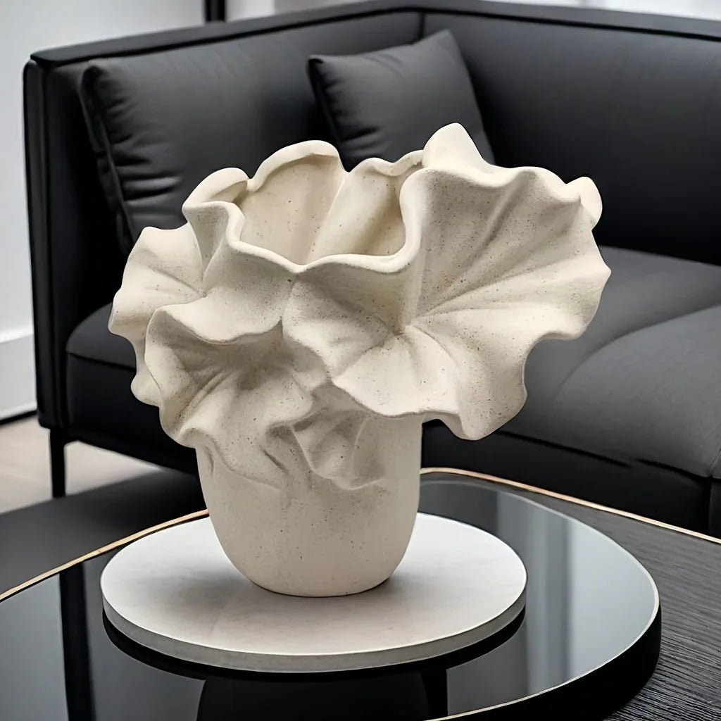 Oval ceramic vase, handmade with intricate petal design, white - House of Avana