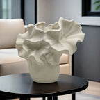 Oval ceramic vase, handmade with intricate petal design, white - House of Avana