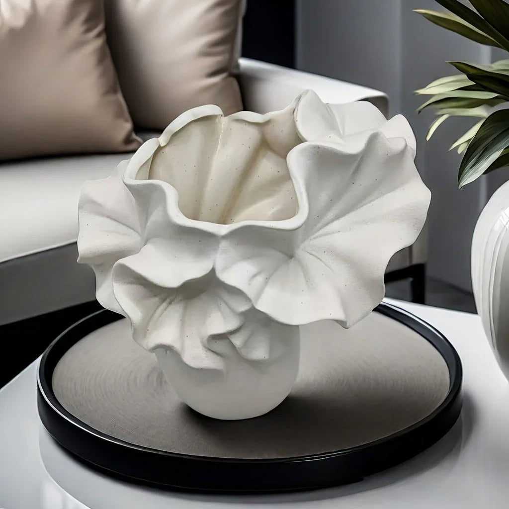 Oval ceramic vase, handmade with intricate petal design, white - House of Avana