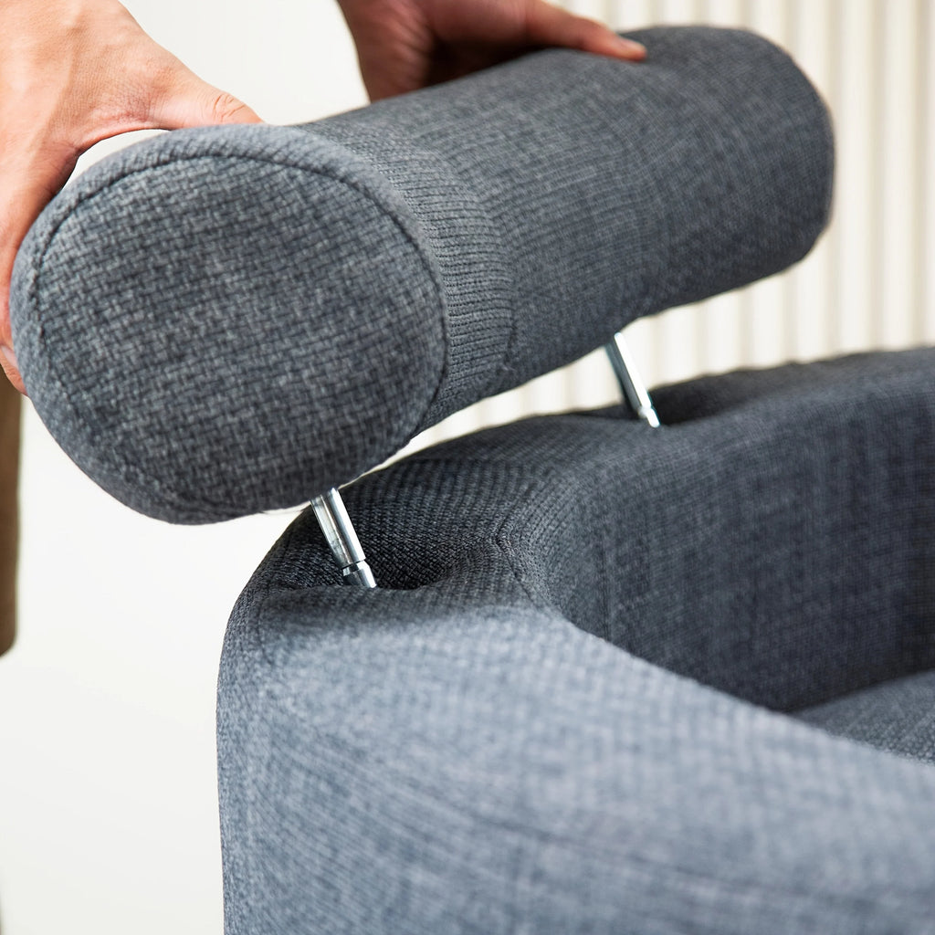 Linen Upholstered Chair with Storage Ottoman and Wooden Legs, angled view - House Of Avana