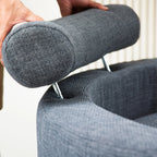 Linen Upholstered Chair with Storage Ottoman and Wooden Legs, angled view - House Of Avana