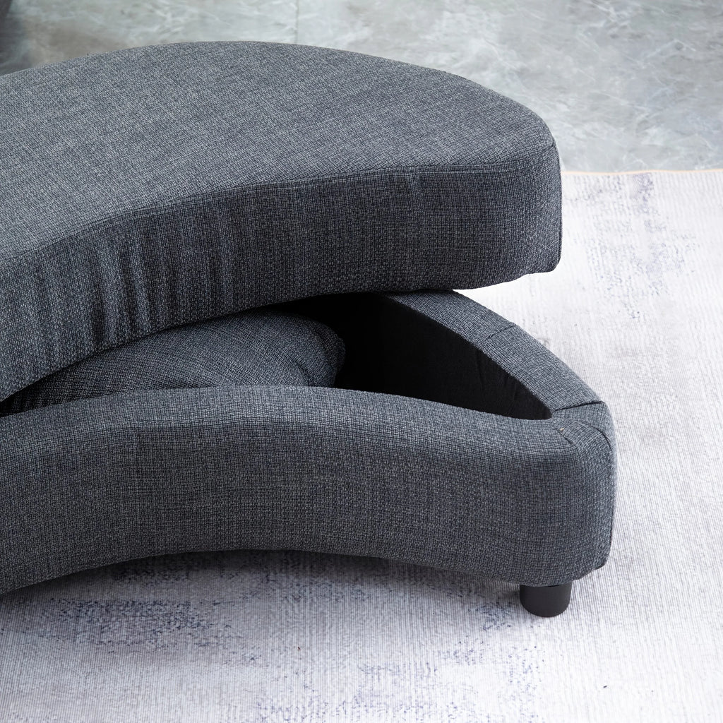 Linen Upholstered Chair with Storage Ottoman and Wooden Legs, angled view - House Of Avana