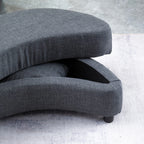 Linen Upholstered Chair with Storage Ottoman and Wooden Legs, angled view - House Of Avana