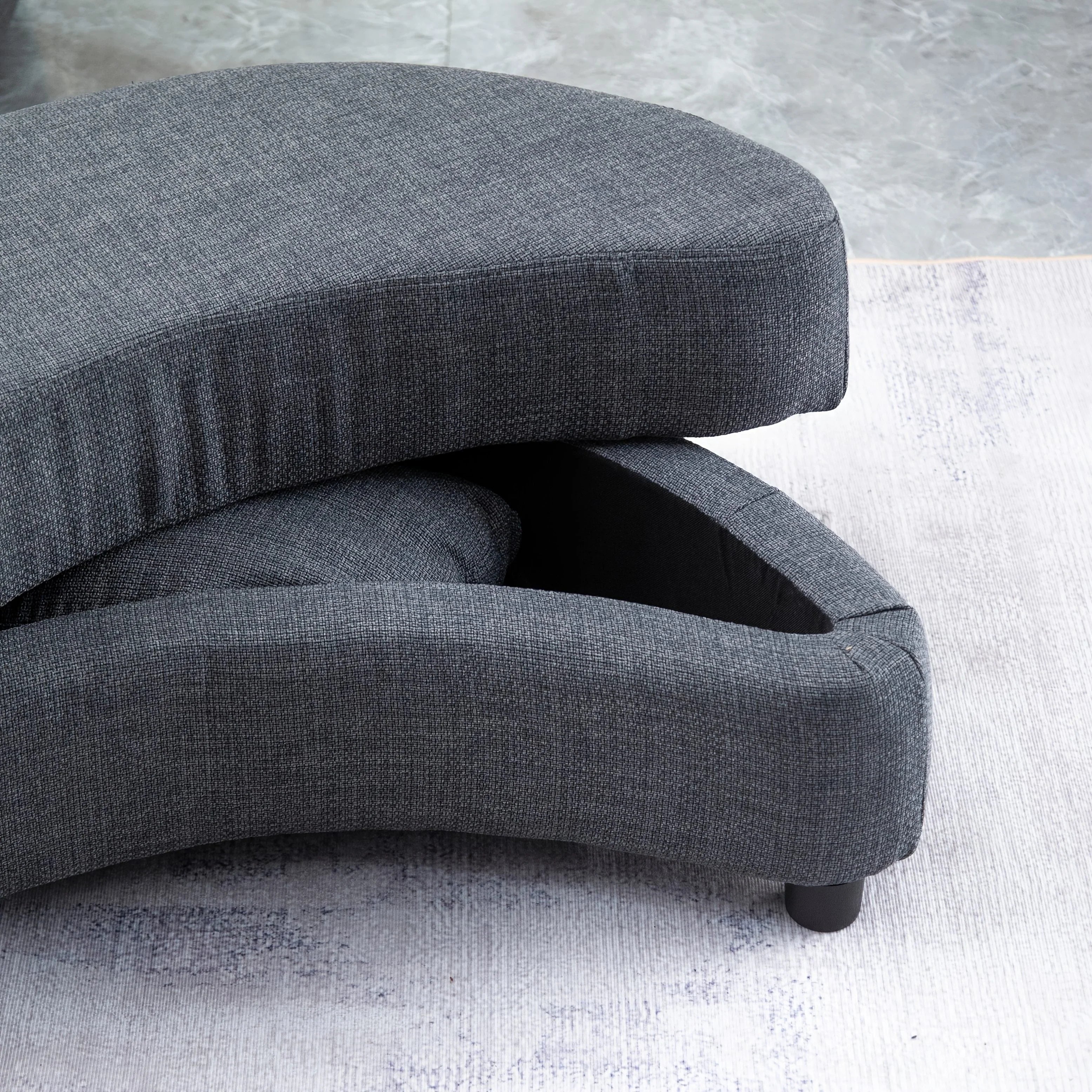 Linen Upholstered Chair with Storage Ottoman and Wooden Legs, angled view - House Of Avana