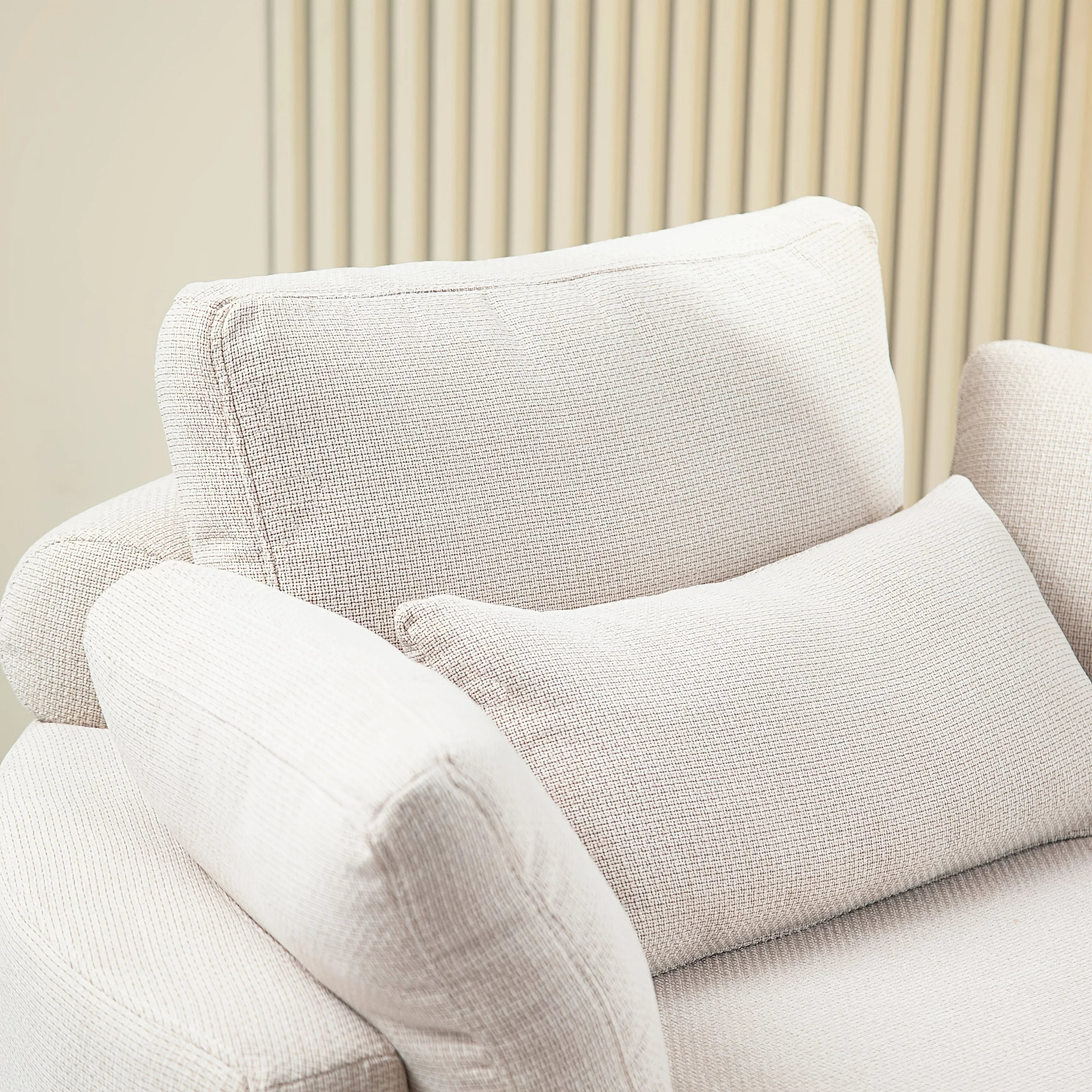 Linen Upholstered Chair with Storage Ottoman and Wooden Legs, dimensions view - House Of Avana