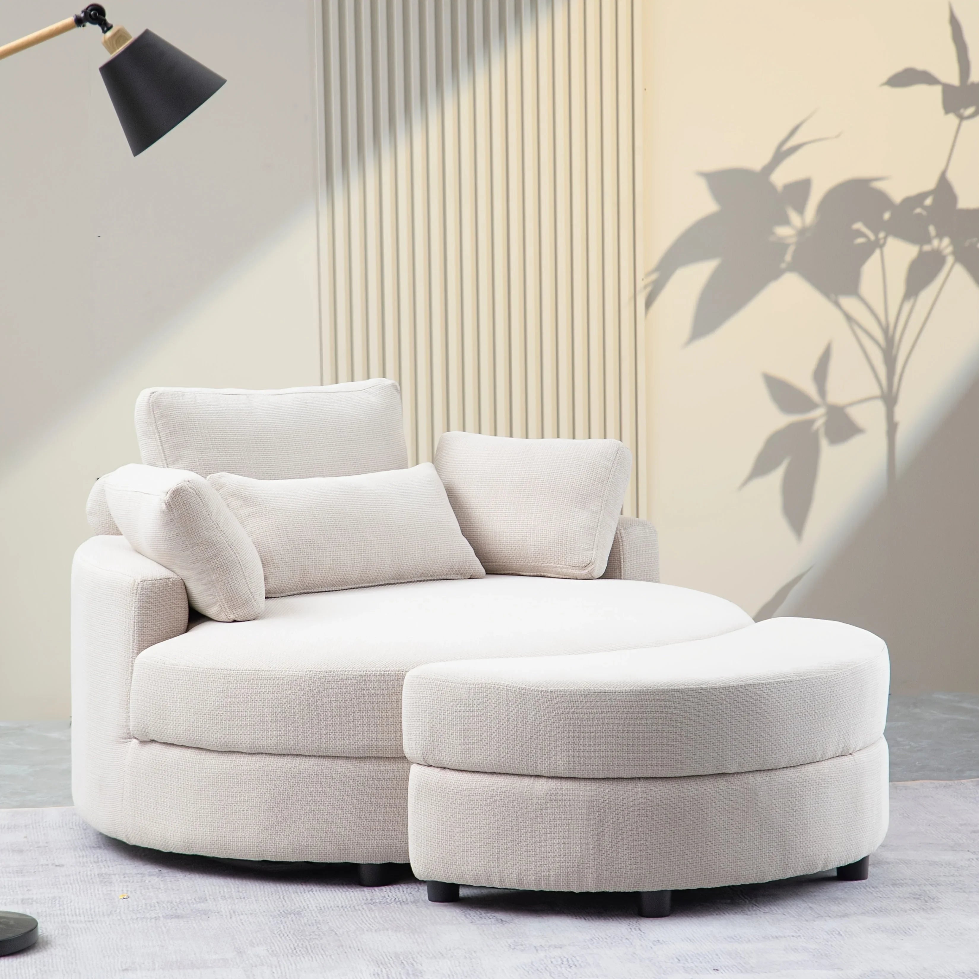 Linen Upholstered Chair with Storage Ottoman and Wooden Legs, front view - House Of Avana