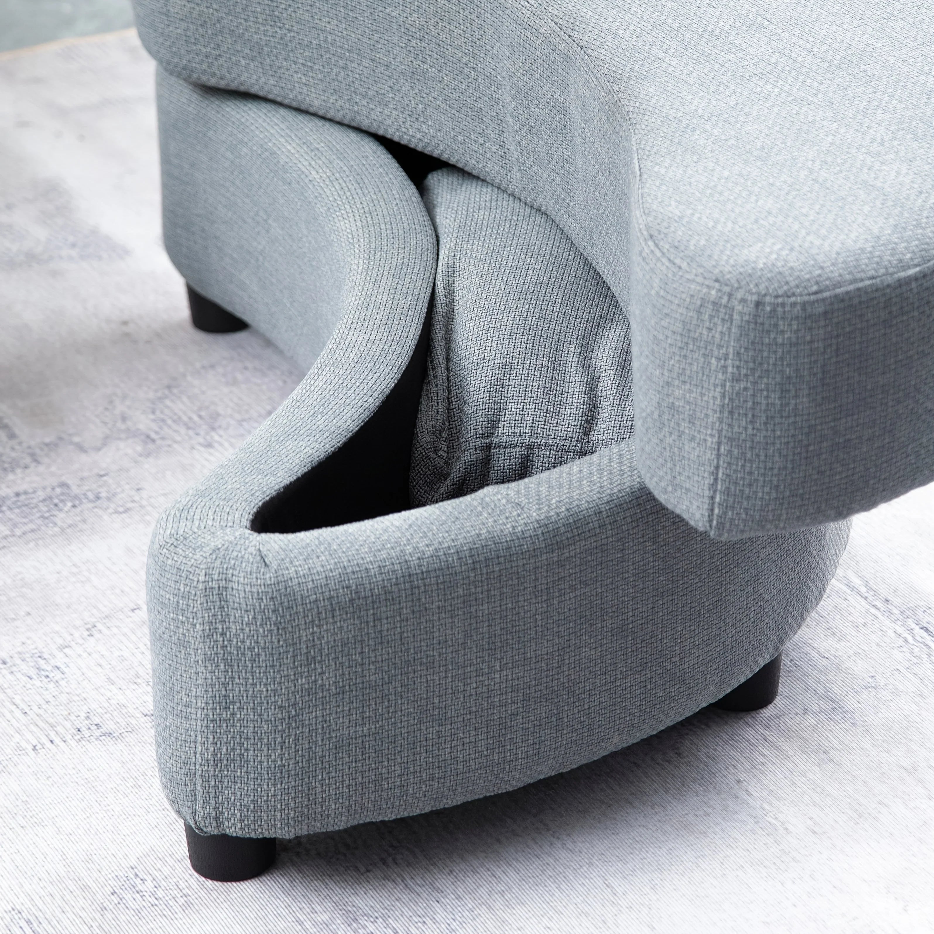 Linen Upholstered Chair with Storage Ottoman and Wooden Legs, texture detail - House Of Avana