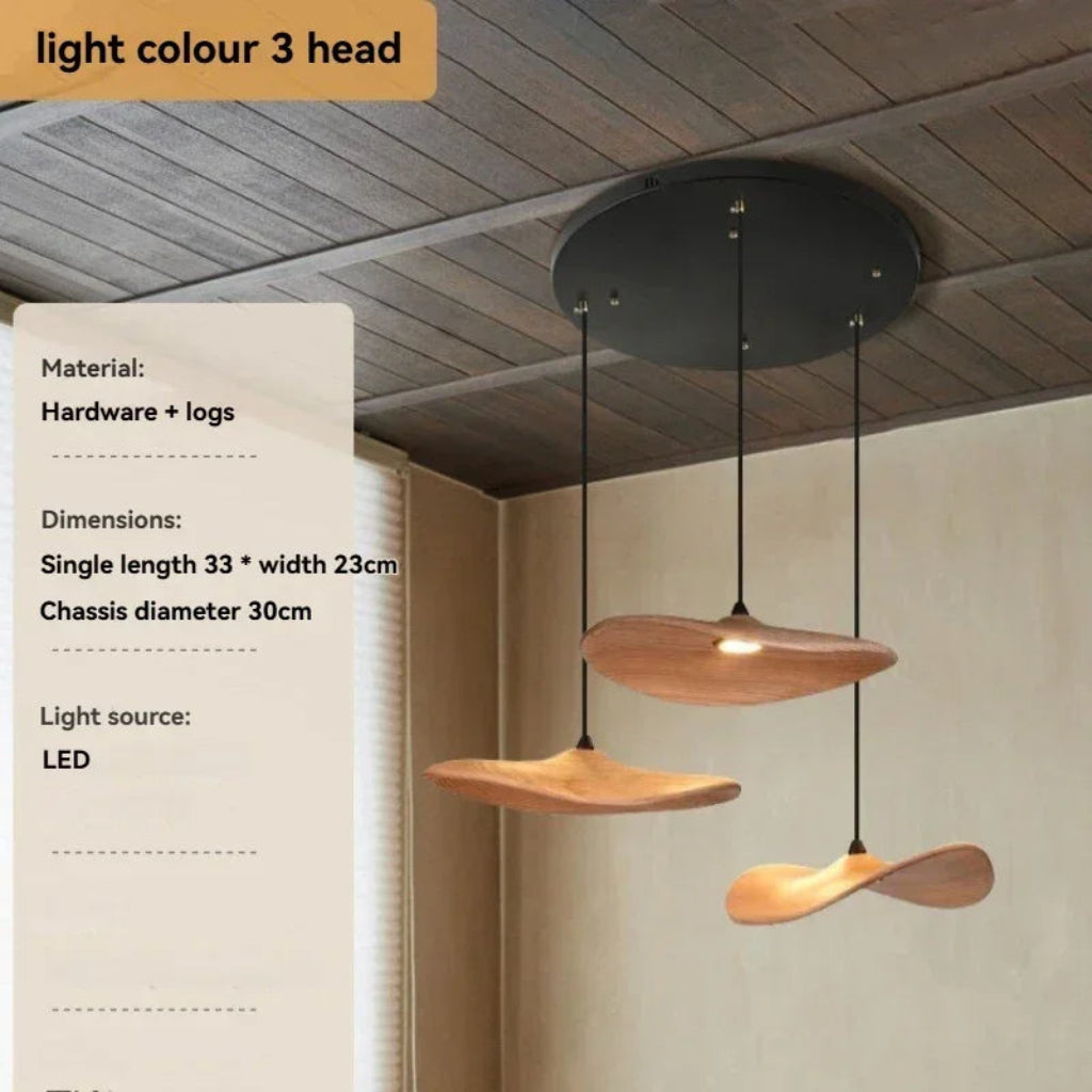 Three wooden pendant lights hanging from the ceiling with product details on the left.
