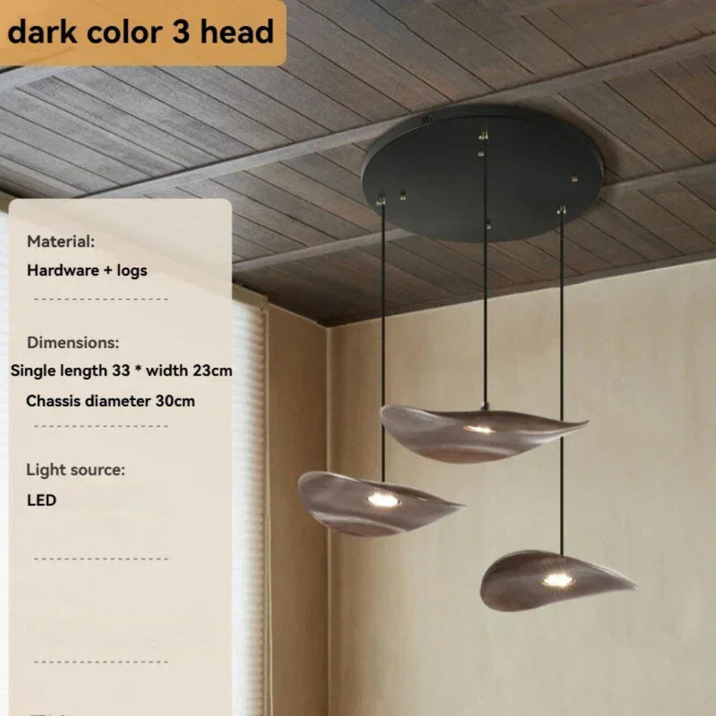 Modern pendant light fixture with specifications on a neutral background