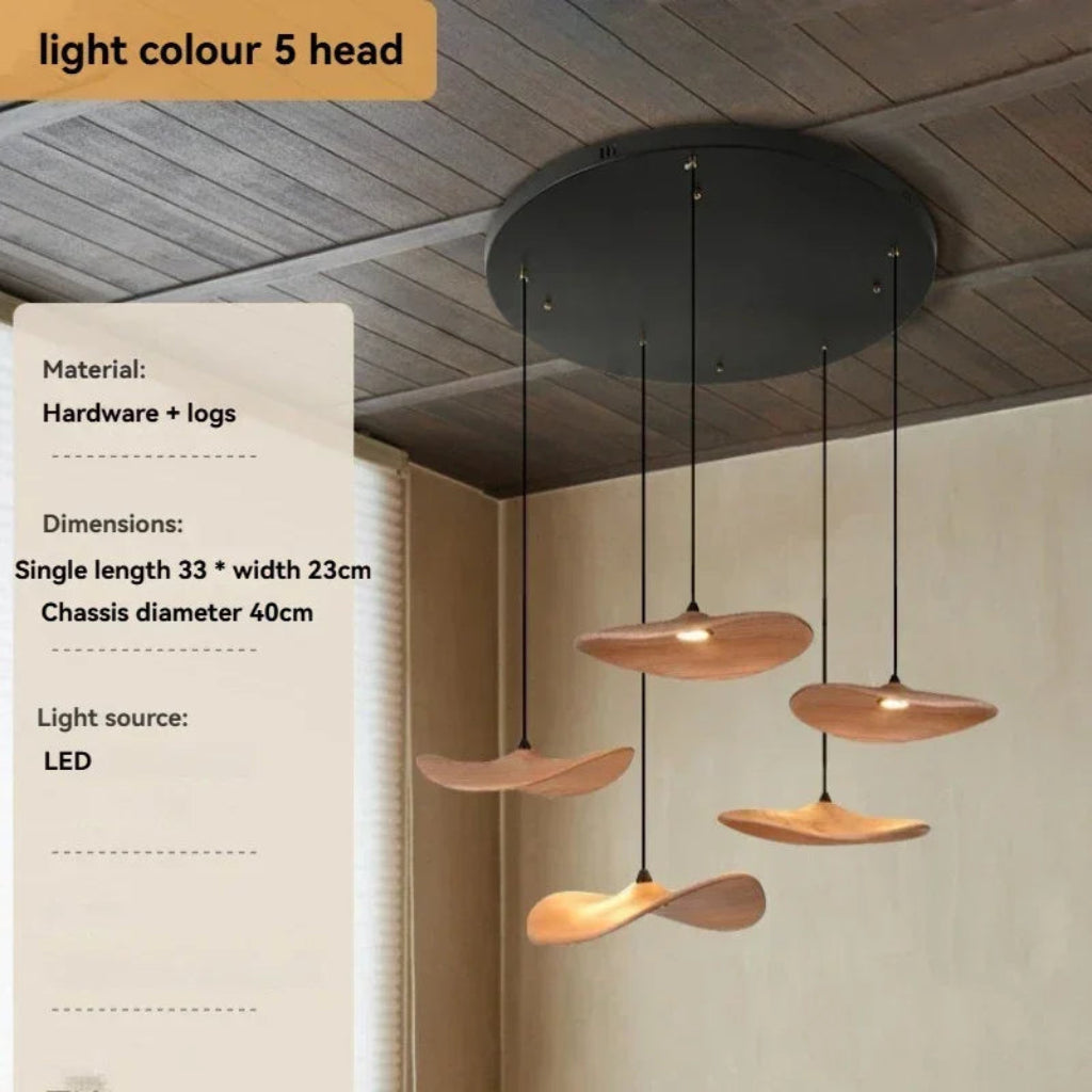 Modern pendant light fixture with wooden shades in a room setting, featuring product details on the left.
