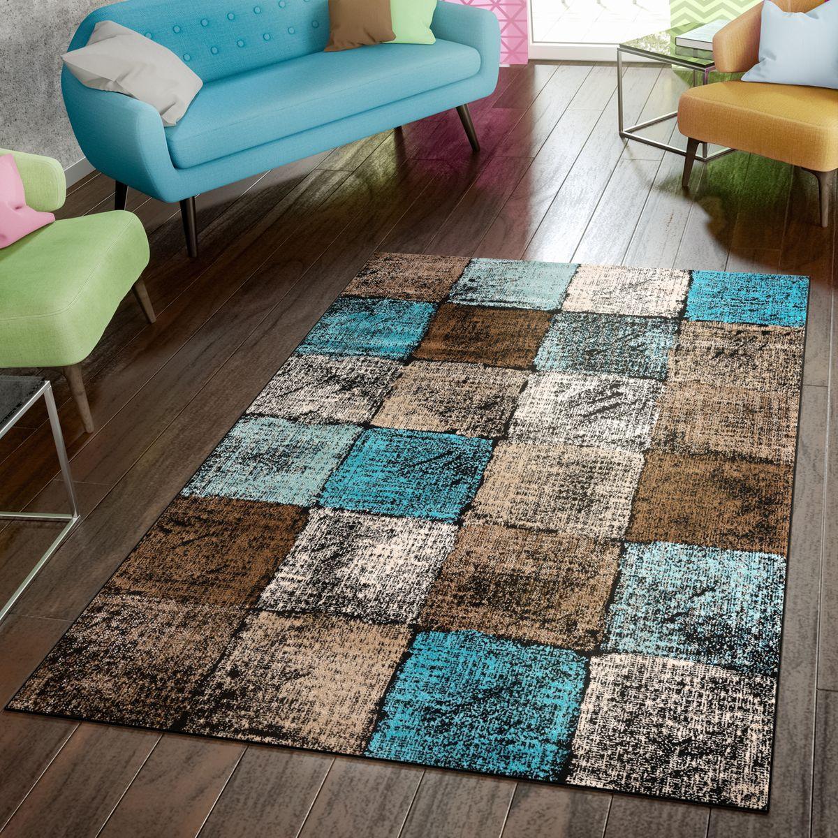 Checkered Area Rug Metro - Brown Blue Pastel RugYourHome