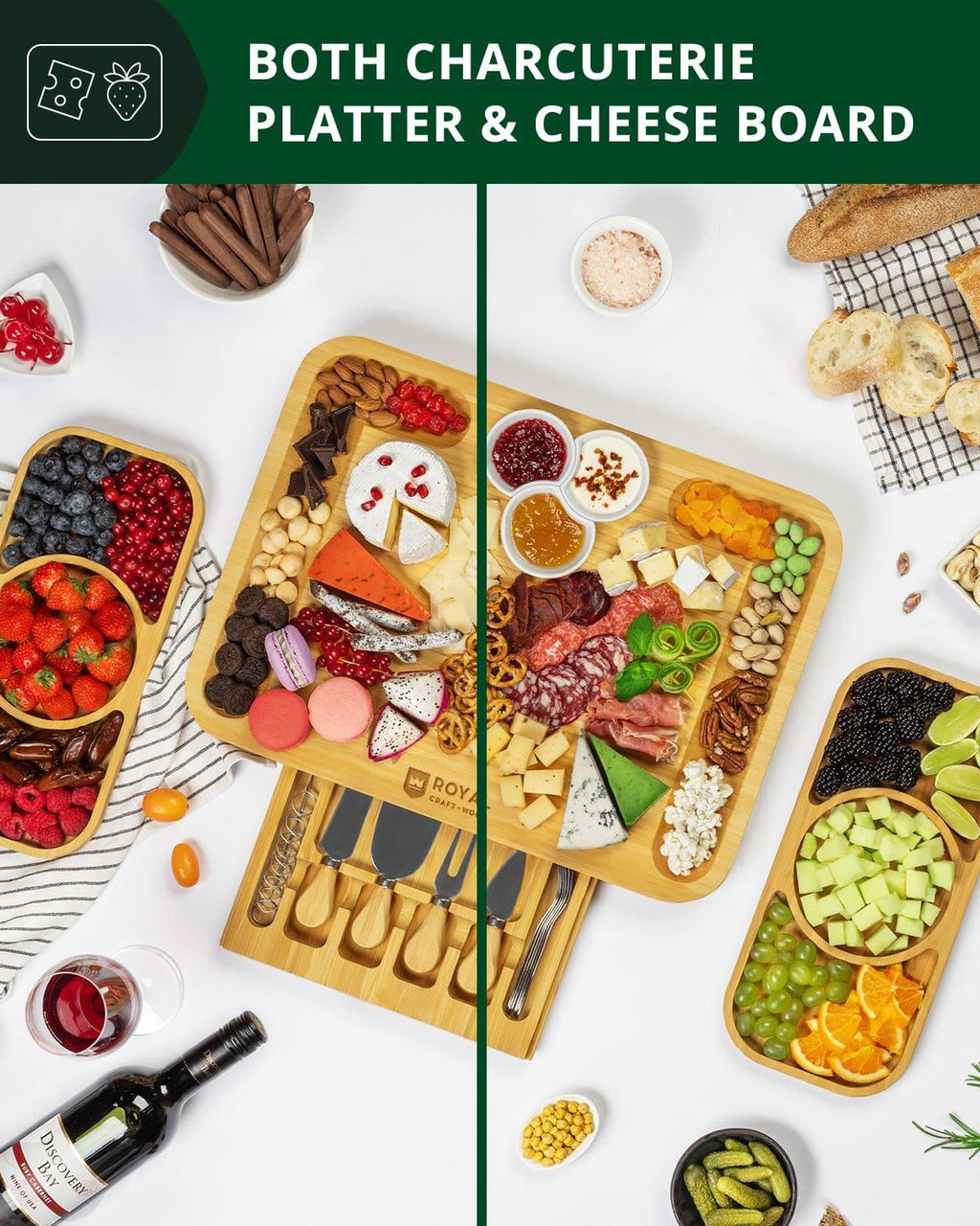 Cheese Board Set with Side Trays Royal Craft Wood