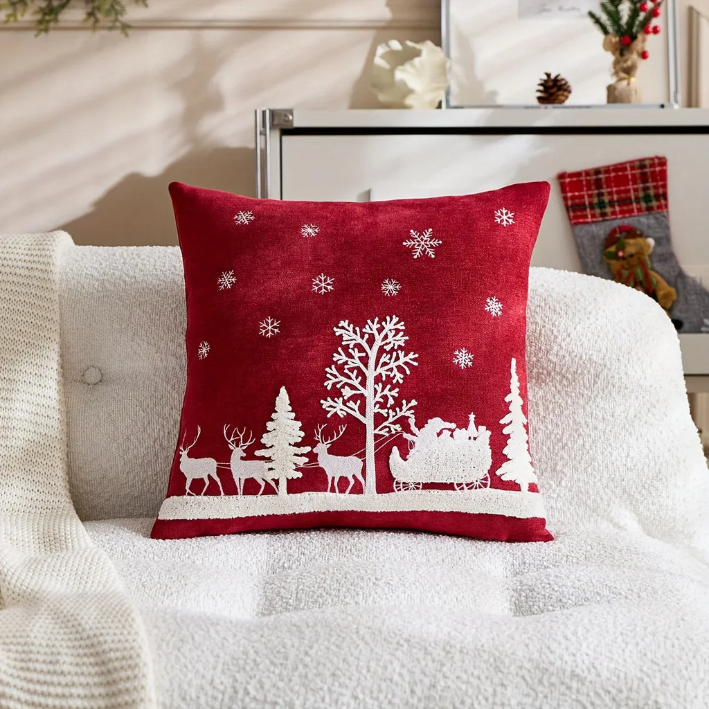 Chenille Christmas Pillowcase with Embroidered Santa Sled Design - House Of Avana