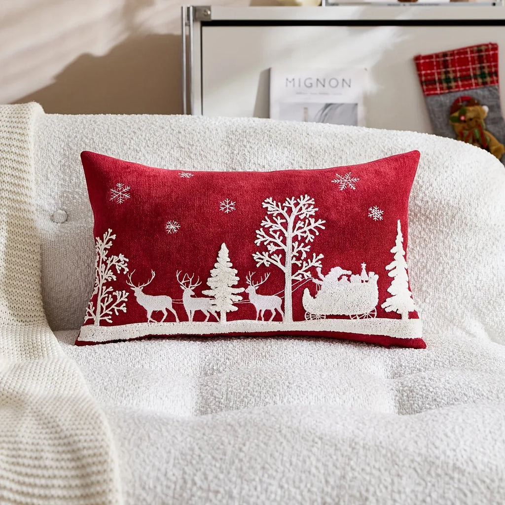 Chenille Christmas Pillowcase with Embroidered Santa Sled Design - House Of Avana