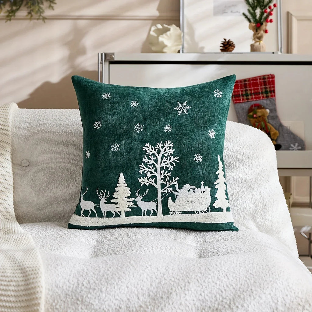 Chenille Christmas Pillowcase with Embroidered Santa Sled Design - House Of Avana