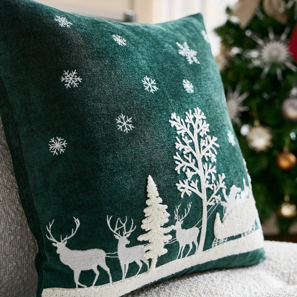 Chenille Christmas Pillowcase with Embroidered Santa Sled Design - House Of Avana [[SKU:HOA-BSH-400]]