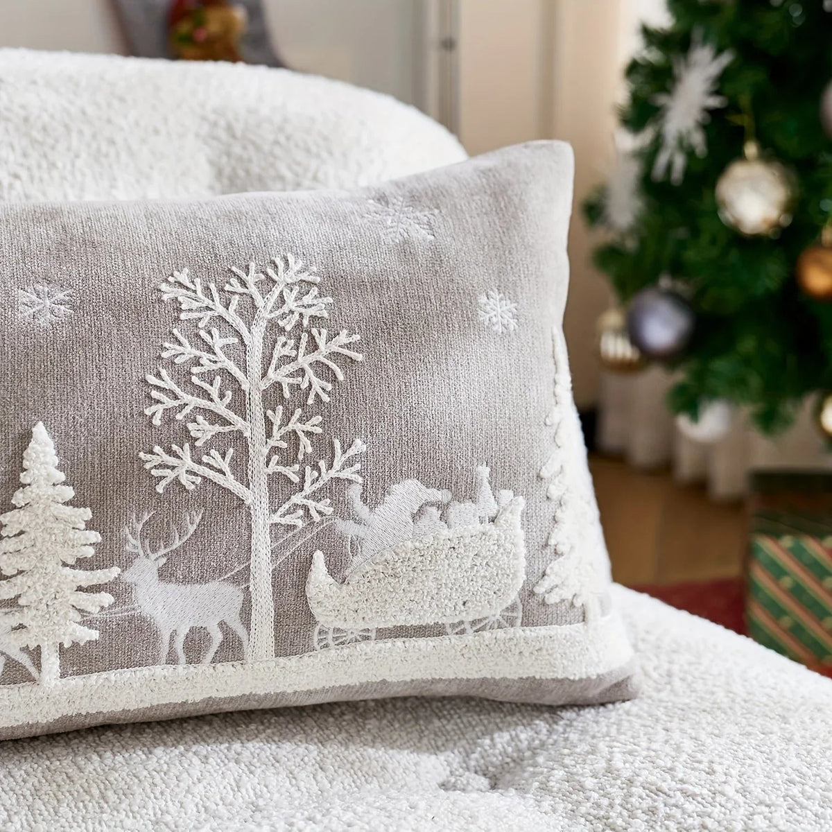 Chenille Christmas Pillowcase with Embroidered Santa Sled Design - House Of Avana [[SKU:HOA-BSH-400]]